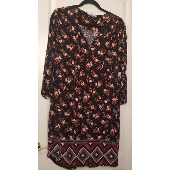 Beach Lunch Lounge Dress Black Floral Knee Length Boho Peasant Prairie Sz L - Picture 1 of 12
